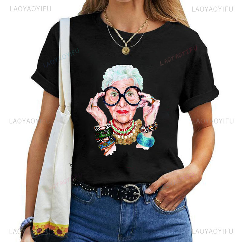 Dank U Iris Apfel Vrouwen Zomer Print Cartoon T-shirt Losse Casual Harajuku Katoen Korte Mouw O-hals Vrouwelijke T-shirt Tops