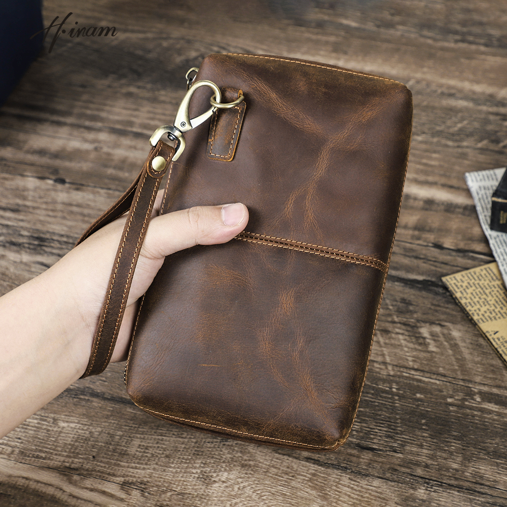 Винтажные мужские клатчи RFID из натуральной кожи Crazy Horse, мужские длинные кошельки для денег, чехол для телефона, мужской клатч, кошелек для монет