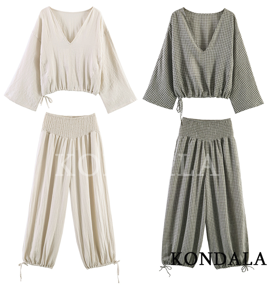 Conjunto Feminino KONDALA: Calças e Blusa de Decote V com Camadas, Cintura Elástica e Bolsos – Nova Moda Primavera Verão 2026 para Praia