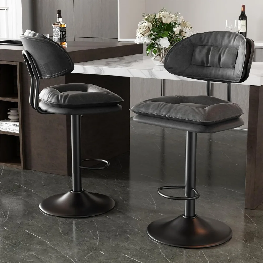 Bar Stools Set of 2, Ergonomic Upholstered Barchairs with Backrest, Adjustable Swivel Gas Lift Counter Height Barstools