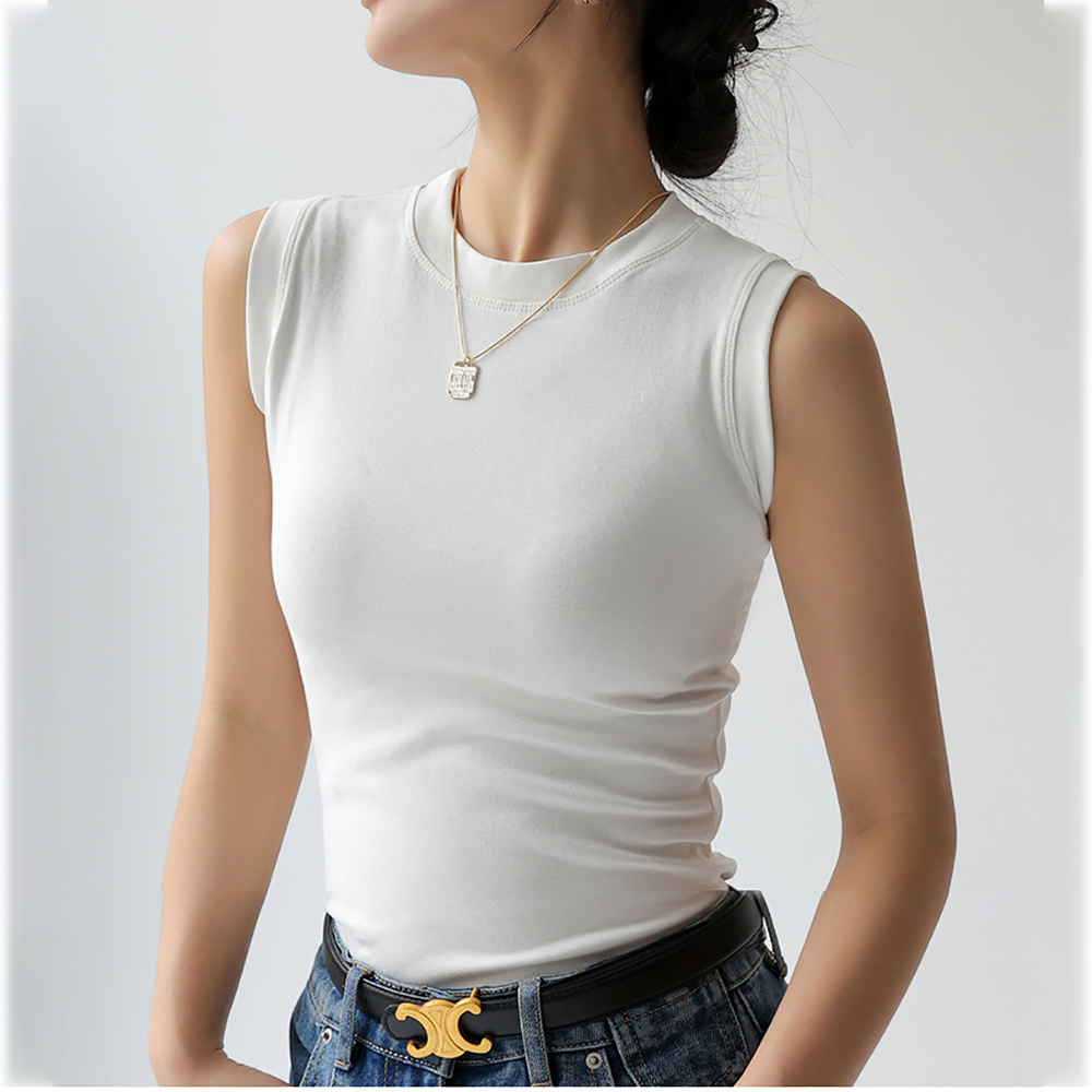 女性のためのキャミソールベスト綿ラウンドネックカラフルなベーシックノースリーブアンダーシャツトップス Tシャツサイド胸の谷間をカバー C4878