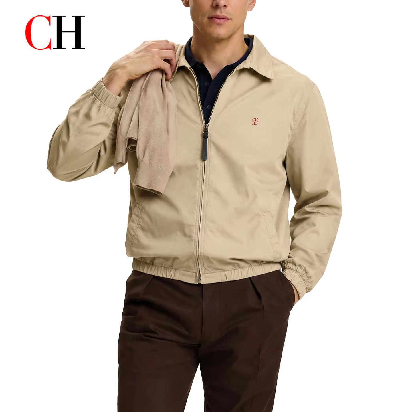 Jaqueta Harrington Premium com Logo Bordado para Homens, Colarinho Pontudo, Zíper Completo, Manga Longa, À Prova de Vento, Casual para o Dia a Dia e Escritório