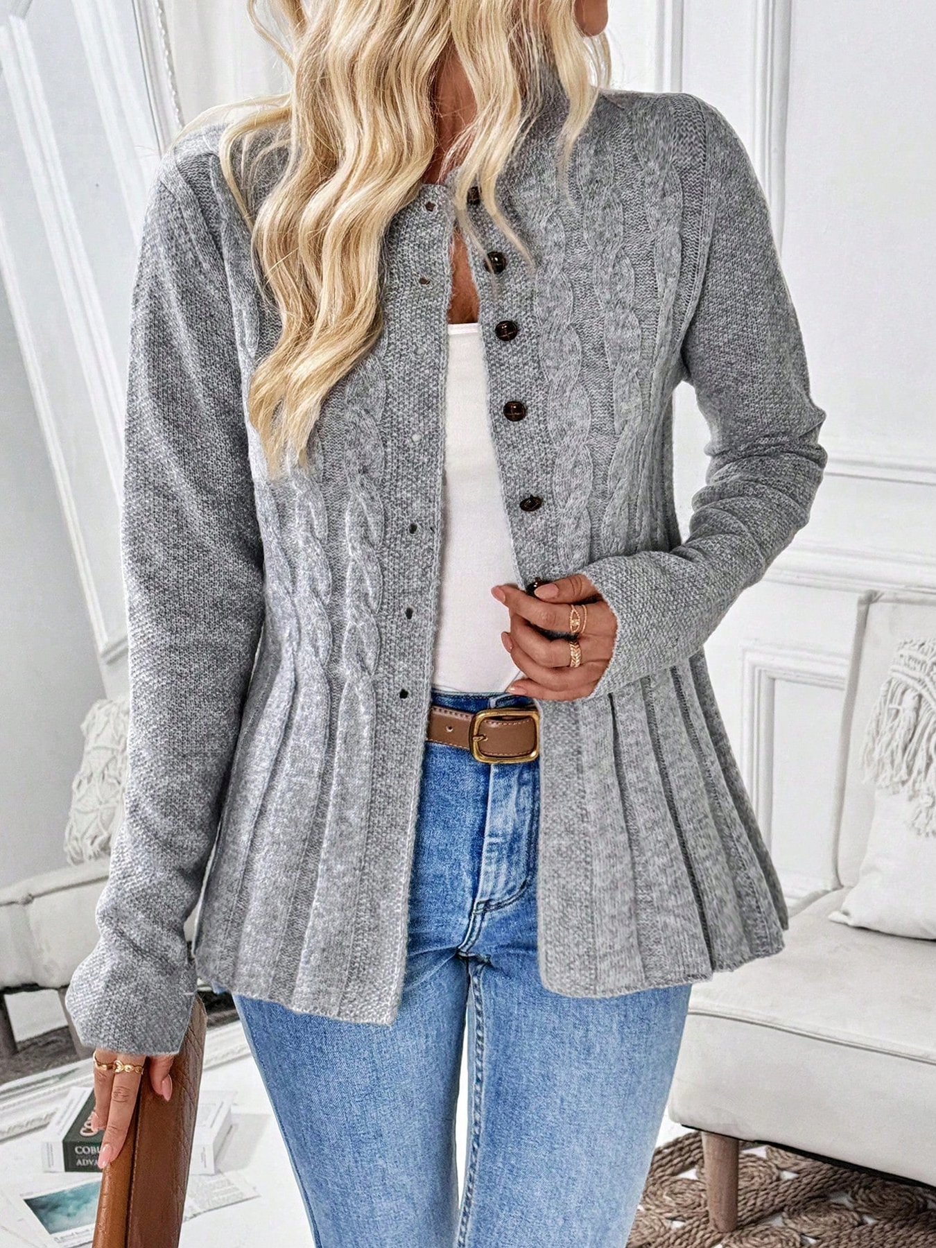 Cardigan en tricot à manches longues uni pour femme, idéal pour l'automne et l'hiver