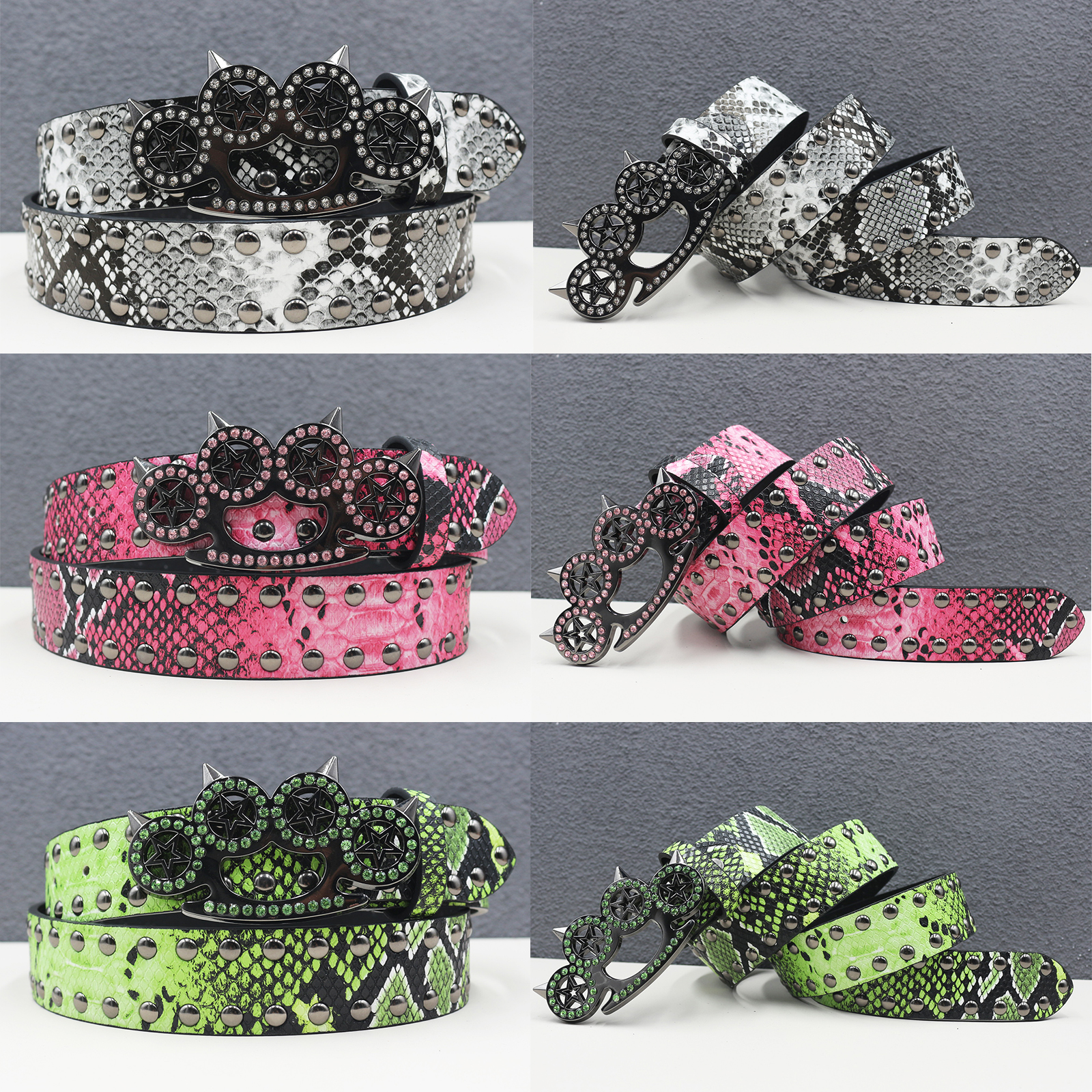 Ceinture de cowboy avec boucle en forme de patte de chat, rivets métalliques, multicolores, effet peau de serpent irisée, style Y2K, ceinture punk pour hommes, ceinture pour jeans.