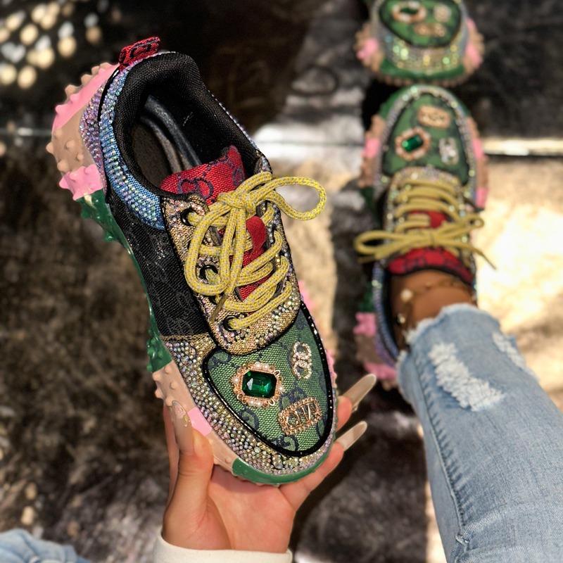 Zapatos casuales de moda, zapatos con diamantes de imitación, zapatillas de deporte de lujo para mujer, zapatos transpirables con diamantes de diseñador, zapatos informales con plataforma antideslizantes para correr