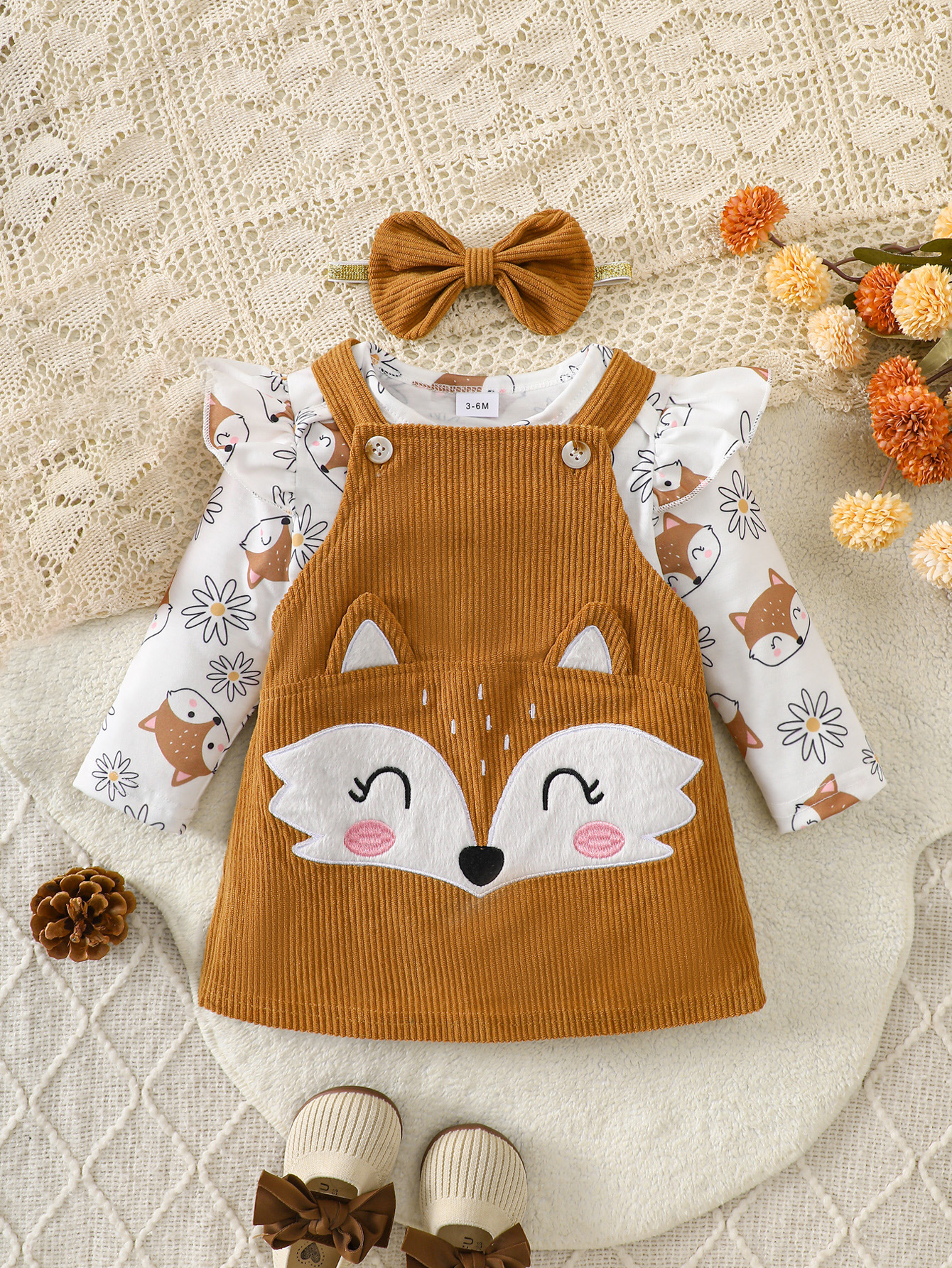 Little Fox Autumn Story Corduroy Set: Full Daisy Print Romper + 3D Embroidered Suspender Skirt + Headband Three-Piece Set, Baby Autumn/Winter Outfit ​