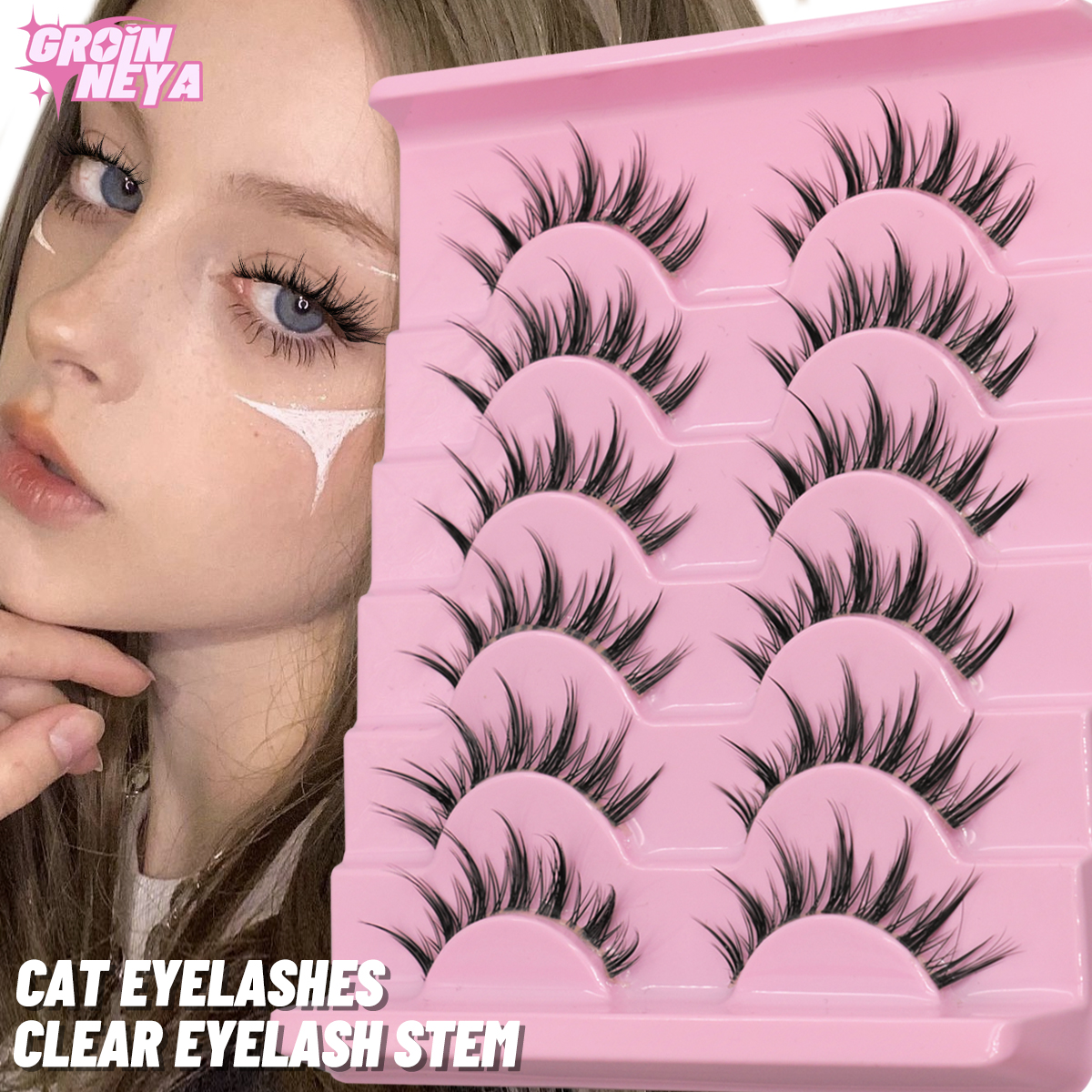 GROINNEYA Cat eye Wimpers 5/6 pairs Clear Band Wimpers Natuurlijke Look 6D Piekerige Wimpers Valse Wimpers Wimpers Extension