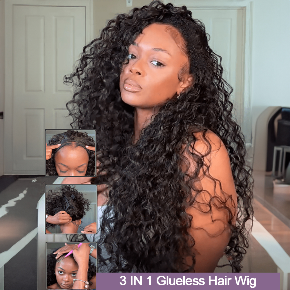 Perruques mi-tête bouclées en cheveux humains, ondulation profonde, sans colle, prêtes à porter, 3 en 1, avec cordon de serrage