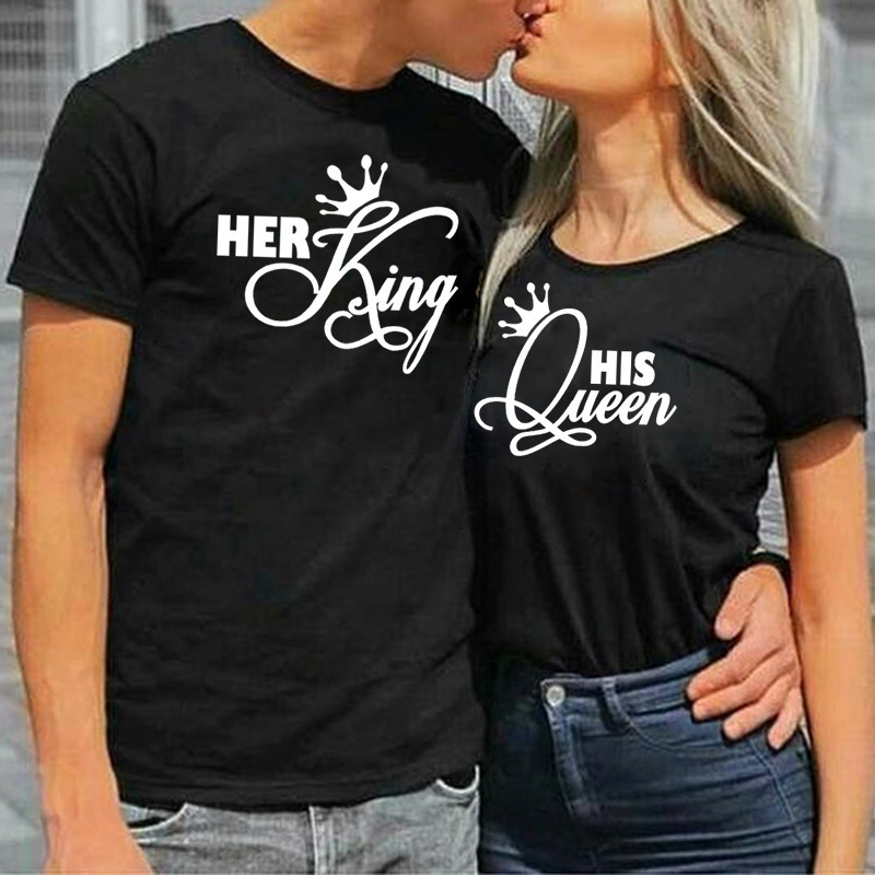 Sua rainha rei casais t camisa coroa imprimir casal tshirt verão moda mulher camiseta casual o-pescoço topos amantes camiseta