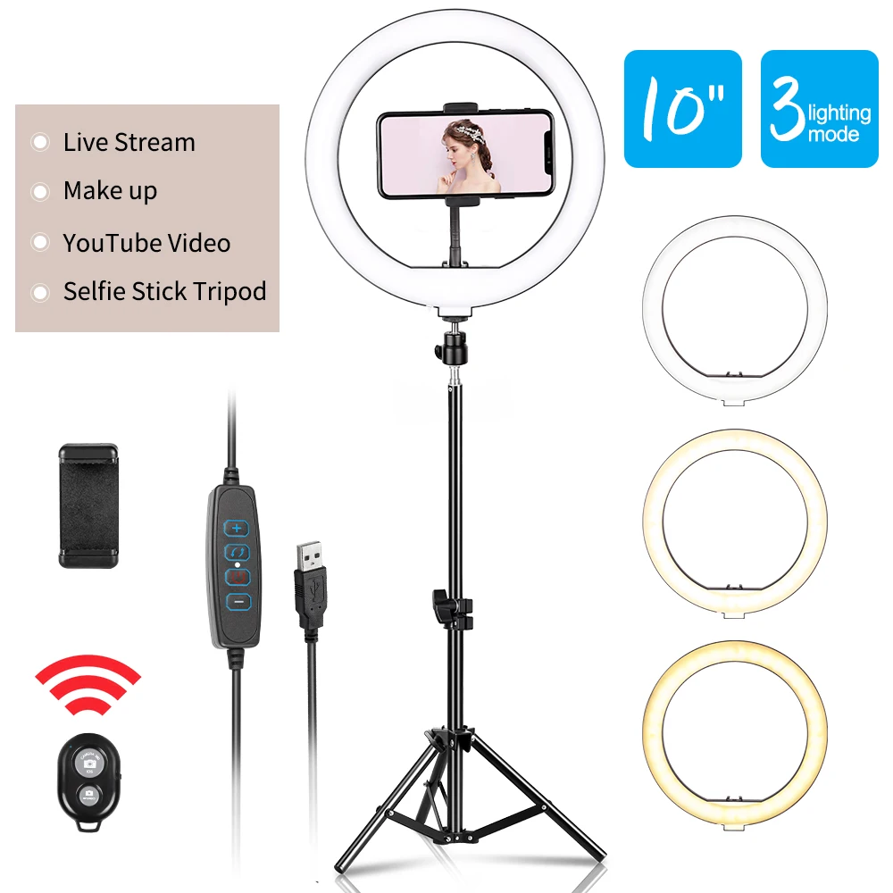 10 นิ้ว LED แหวนแสงการถ่ายภาพ Selfie แหวนแสงขาตั้งกล้องสําหรับสมาร์ทโฟน YouTube แต่งหน้าวิดีโอสตูดิโอแหวนโคมไฟ