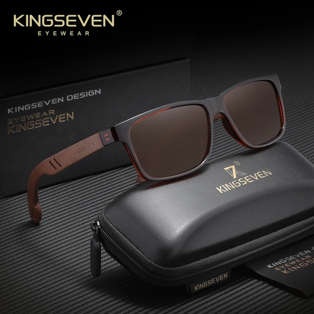 KINGSEVEN Kacamata Hitam Desain Kayu Klasik Uniseks UV400 Kacamata Bingkai Retro Kayu Terpolarisasi Kacamata Pelindung Mata Luar Ruangan