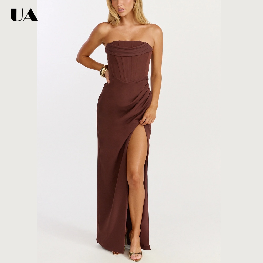 Robe de bal sexy ULBYANRY à fente haute et drapée, robe de soirée longue simple sans bretelles, robe de fête personnalisée unie sans manches