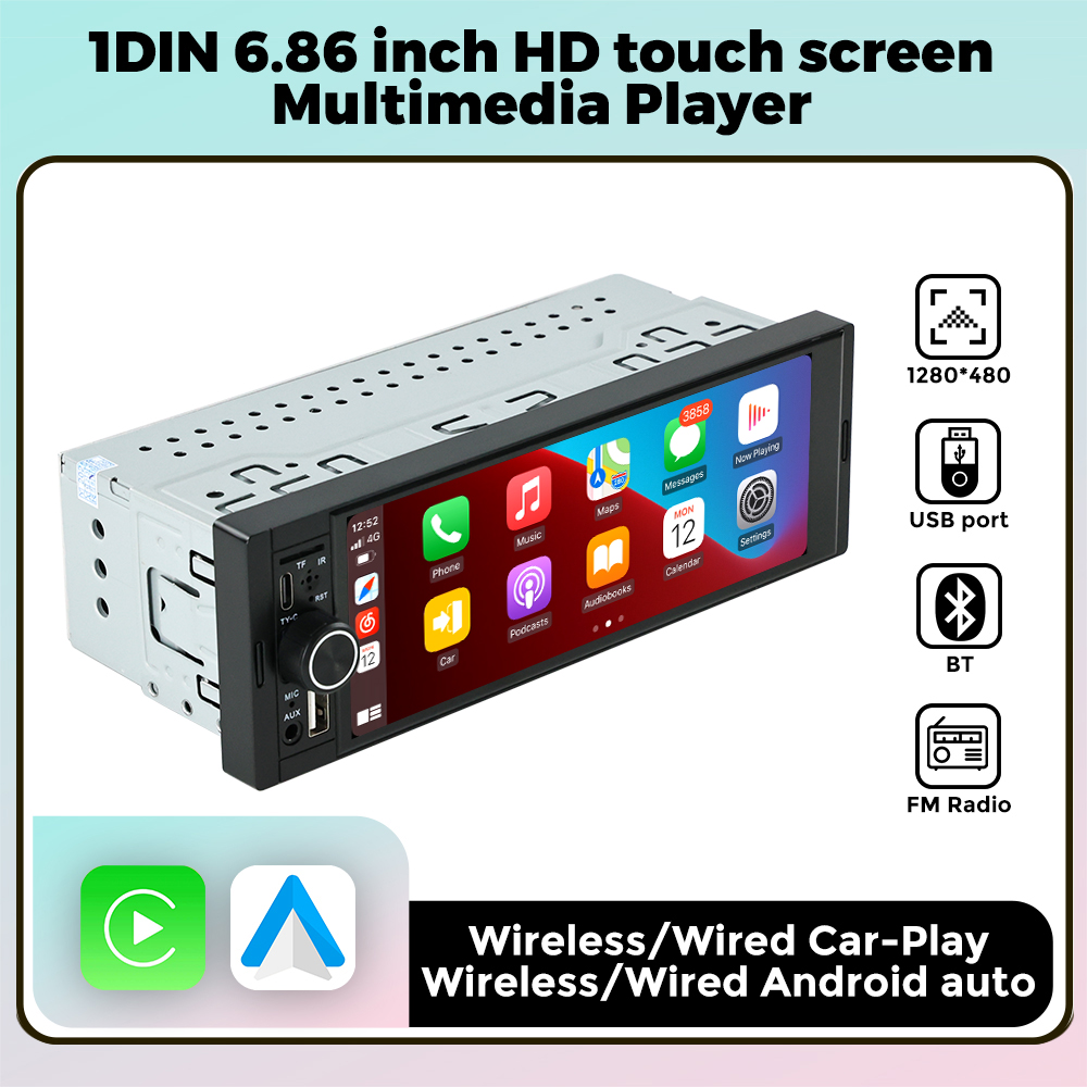 Navifly 6.86 "tela de toque 1 din carro estéreo multimídia player sem fio carplay android auto universal 1din mp5 player rádio fm