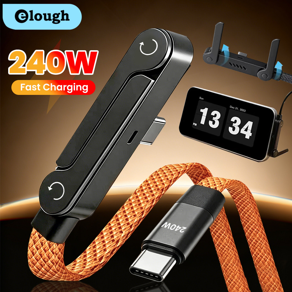 240W 2-in-1 Type C naar USB C snellaad- en datakabel, opvouwbare telefoonhouder, Type C snellaadkabel voor iPhone 17, zwart/oranje