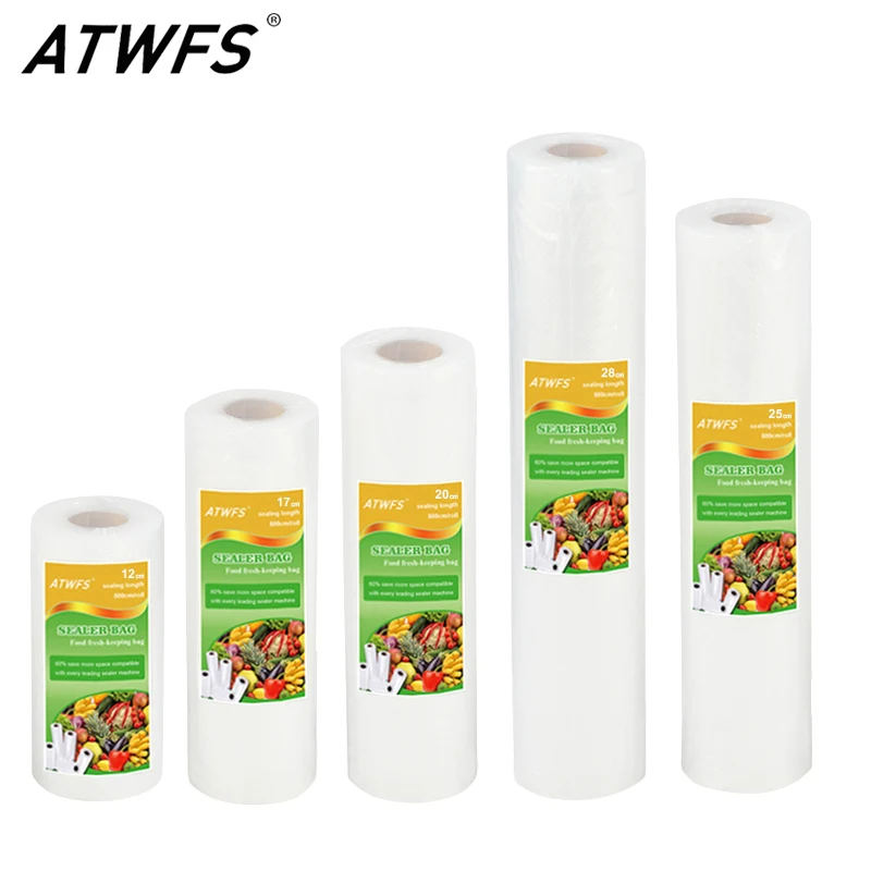 ATWFS bolsa de vacío para embalaje de alimentos, bolsas selladoras al vacío para almacenamiento de alimentos, bolsa fresca para mantener los productos, 12/17/20/25/28cm x 500cm, 1 rollo