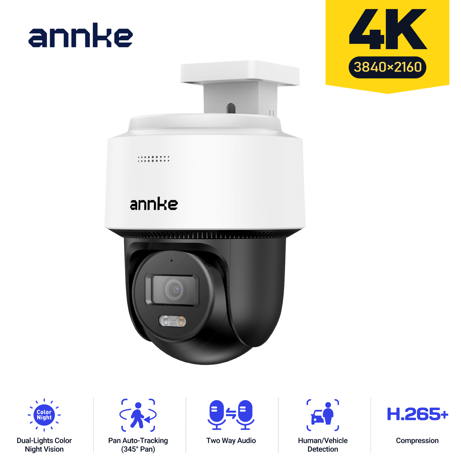 ANNKE 4K PoE PT Speed beveiligingscamera met kleuren nachtzicht, bewegingsdetectie, ingebouwde microfoon en beveiligingsfuncties.