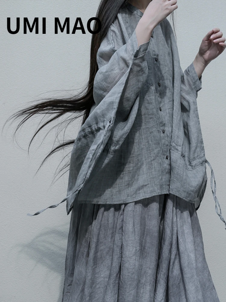 UMI MAO Chinese Style Hanfu Spring Summer Senior Gray Dolman Sleeve Drawstring Loose Casual Button Up Shirt Women Top Y2K