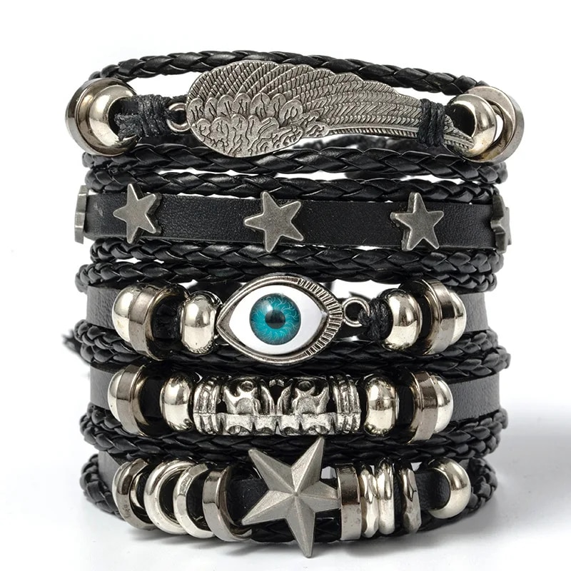 5 ชิ้น Evil Eye Wing Star Diy Braided Punk สไตล์สร้อยข้อมือชุดพร้อมหนัง Pu และลูกปัด