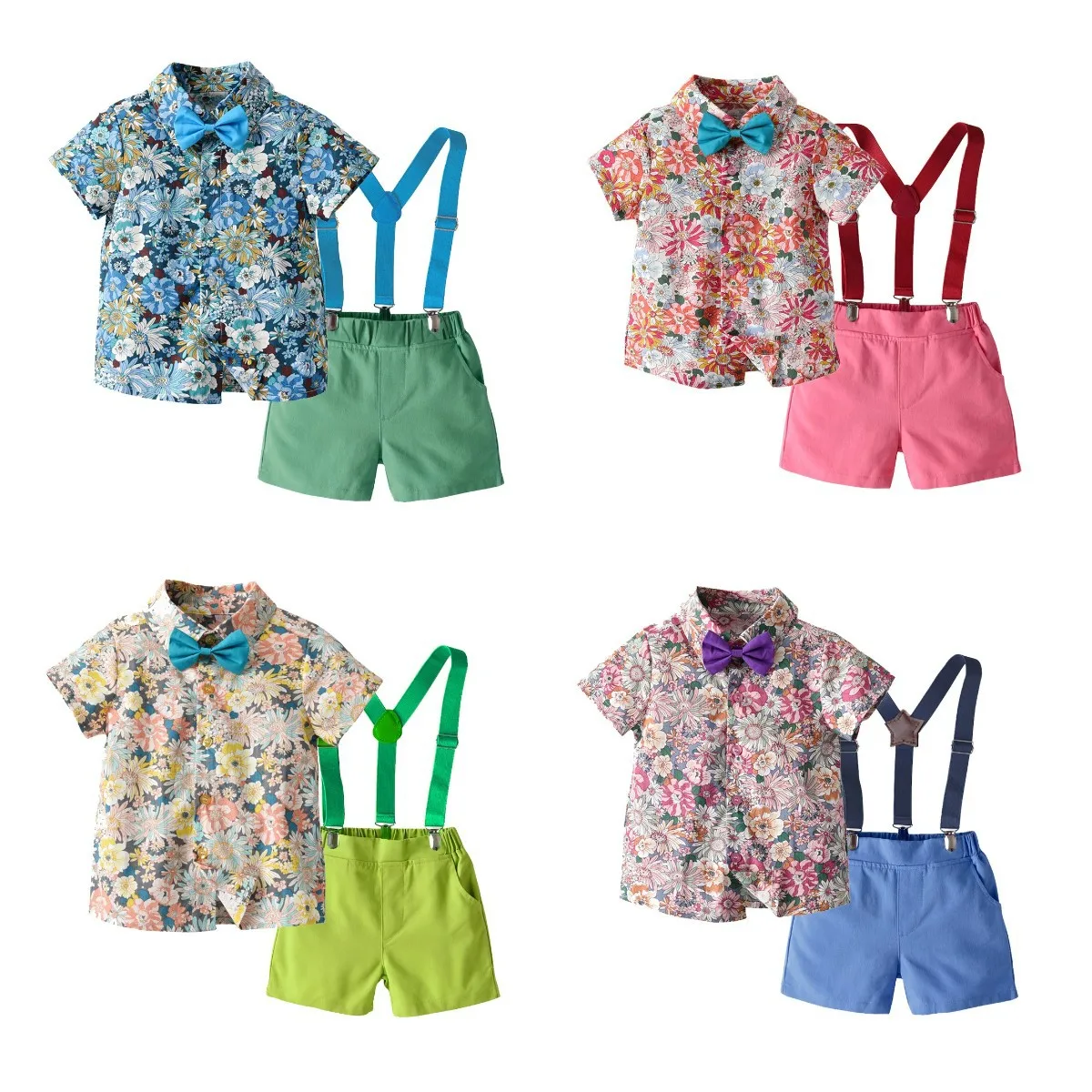 Jungen Sommer anzug bedruckte Blume Kurzarmhemd und Riemens horts mit Fliege aus reiner Baumwolle 2-8 Jahre alter Junge 70-130cm
