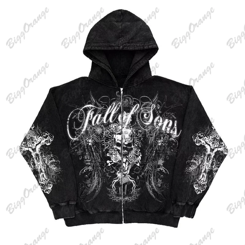 Sudadera con capucha retro americana para mujer, Sudadera con capucha de gran tamaño con estampado de calavera gótica a la moda, ropa informal de hip-hop callejero Y2K versátil 2024