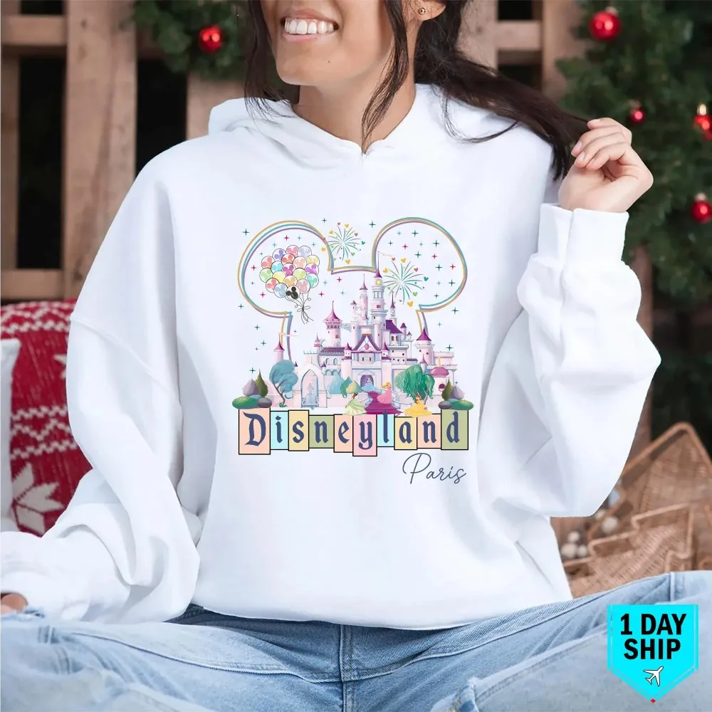 Hoodie Kastil Disney Paris Musim Gugur 2026, Pullover Kastil Magic Kingdom, Pullover Putri Disney, Balon Warna-warni Kepala Mickey