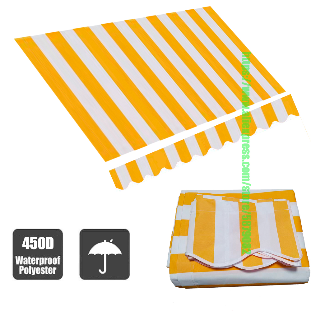 Tiras blancas y amarillas para toldo al aire libre, tela de repuesto, tela a medida impermeable con manga, pancarta de tienda, bloque UV