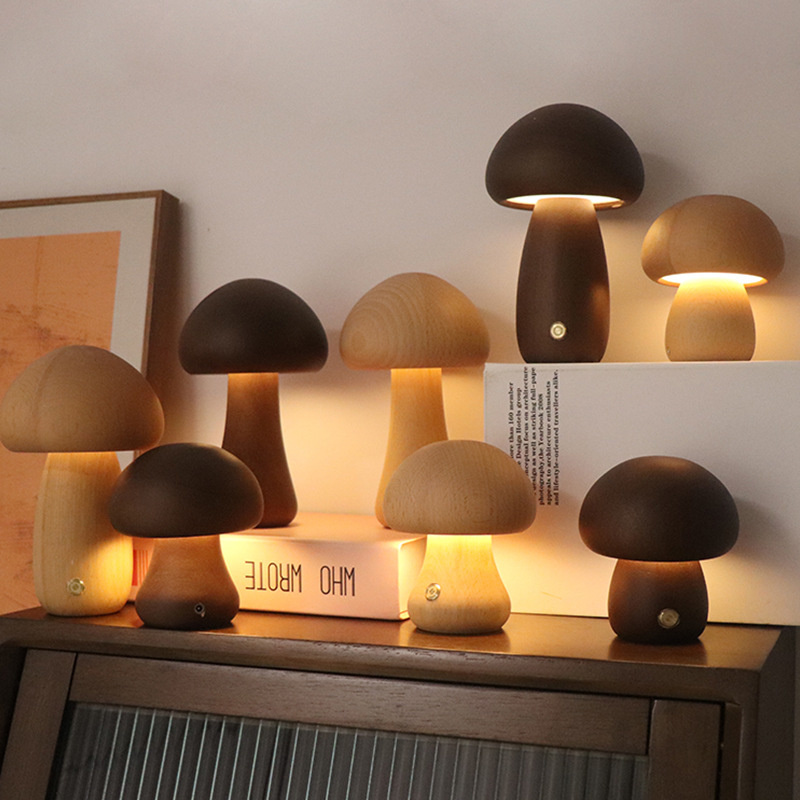 Holzpilze Nachtlicht Touch-Schalter Schlafzimmer Nachttischlampe Walnuss Buchenholz Warm dimmbar Schreibtischleuchte USB aufladbar