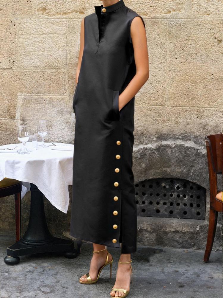 UOOZEE Weibliche Vintage Einfarbig Split-Seite Stehkragen Party Abendkleider 2025, Neue Sommer Geknöpft Casual Shirts Kleid