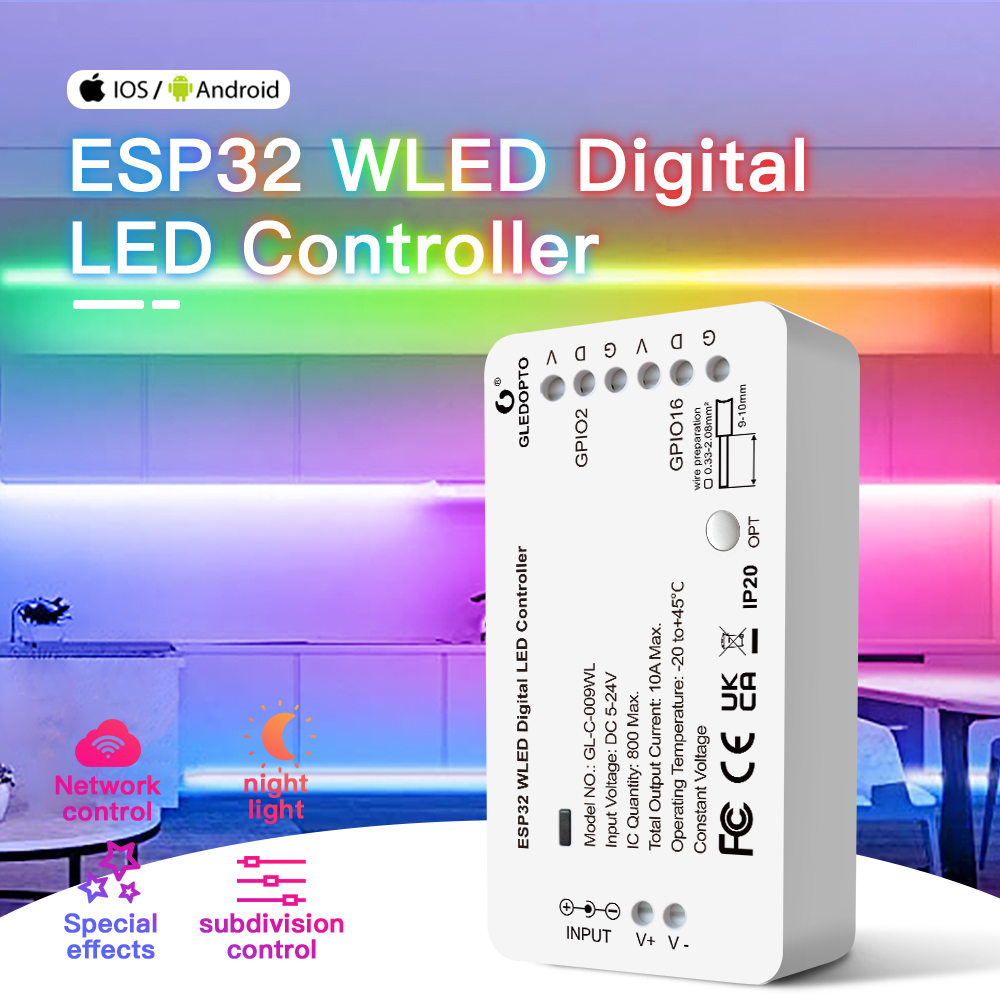 LED-контроллер GLEDOPTO ESP32 с подсветкой, устройство для самостоятельной регулировки яркости, режим динамического освещения WS2811, WS2812b, SK6812, TM1814, WS2813, WS2815
