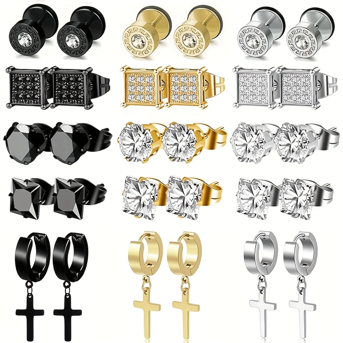 15 คู่ต่างหูสแตนเลส CROSS Dangle ต่างหูบานพับ,Cubic Zirconia ต่างหูสําหรับชาย,หูเจาะเครื่องประดับ