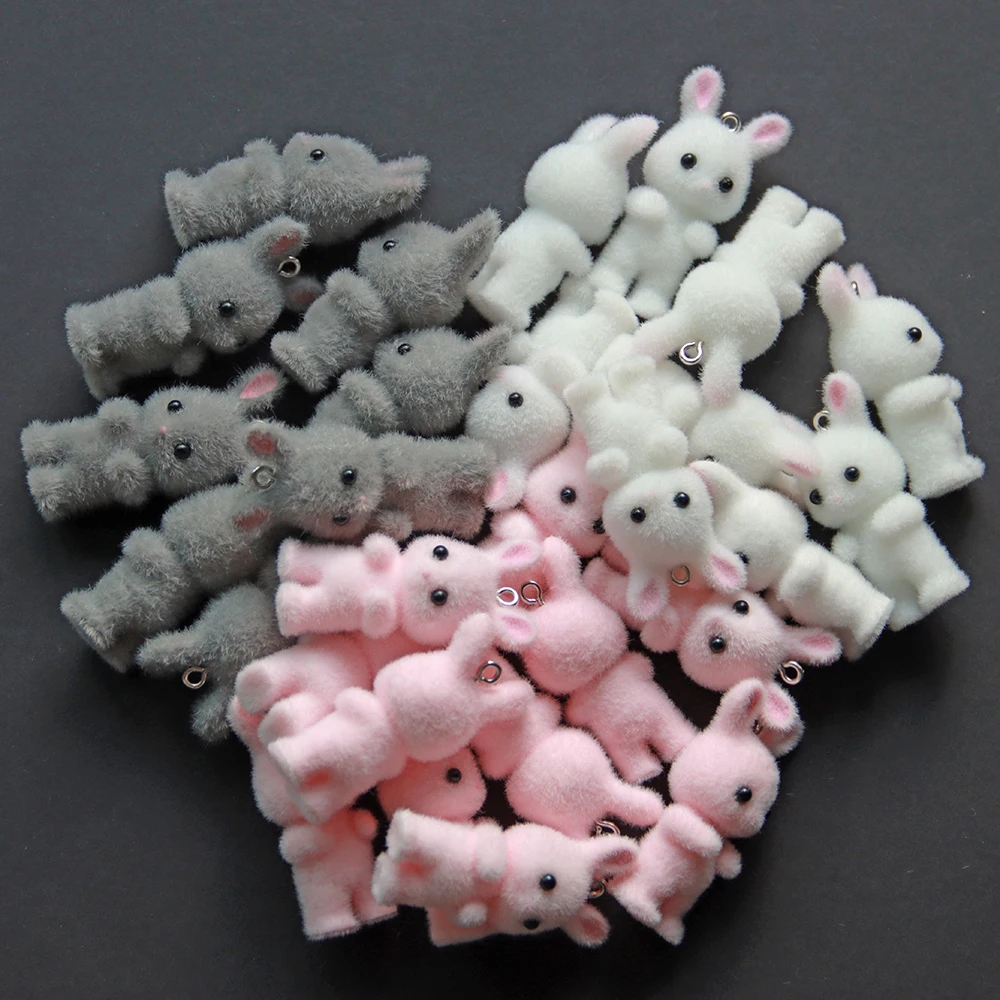 30 Uds. De dijes de conejos de dibujos animados en 3D, colgantes de animales flocados para hacer pulseras, collares, llaveros, suministros de accesorios hechos a mano