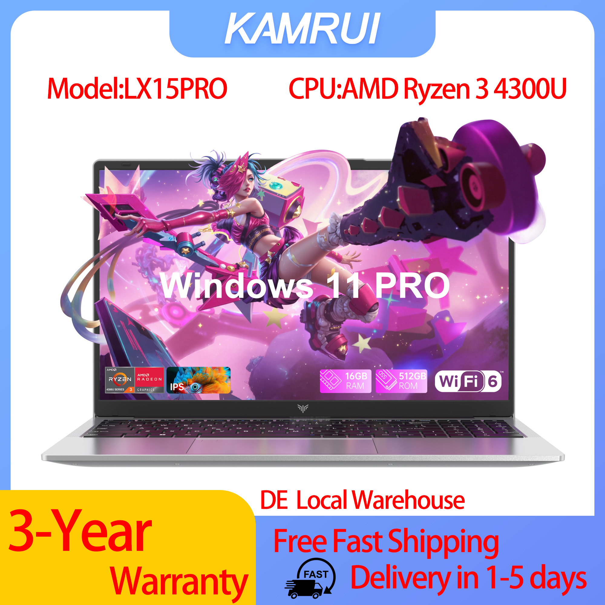 KAMRUI 15.6"Laptop Komputer z systemem Windows 11 PRO, bateria 4800 mAh, procesor AMD Ryzen 3 4300U Quad-Core, 16 GB pamięci RAM DDR4, 512 GB SSD, Wifi5