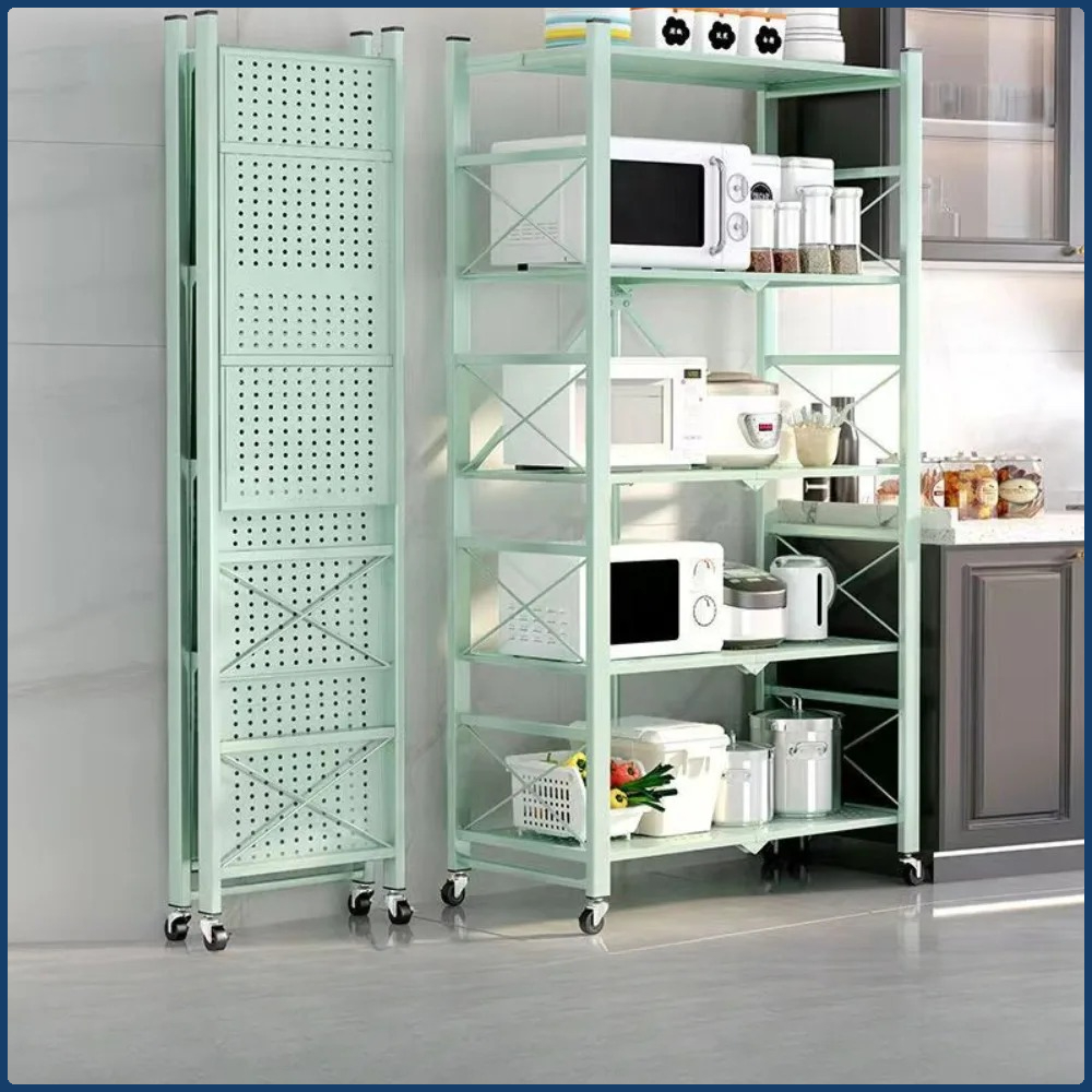 Opvouwbaar groot keukenopbergrek, boekenplank - meerlaags ijzeren frame met wielen, verplaatsbare multifunctionele displayplank