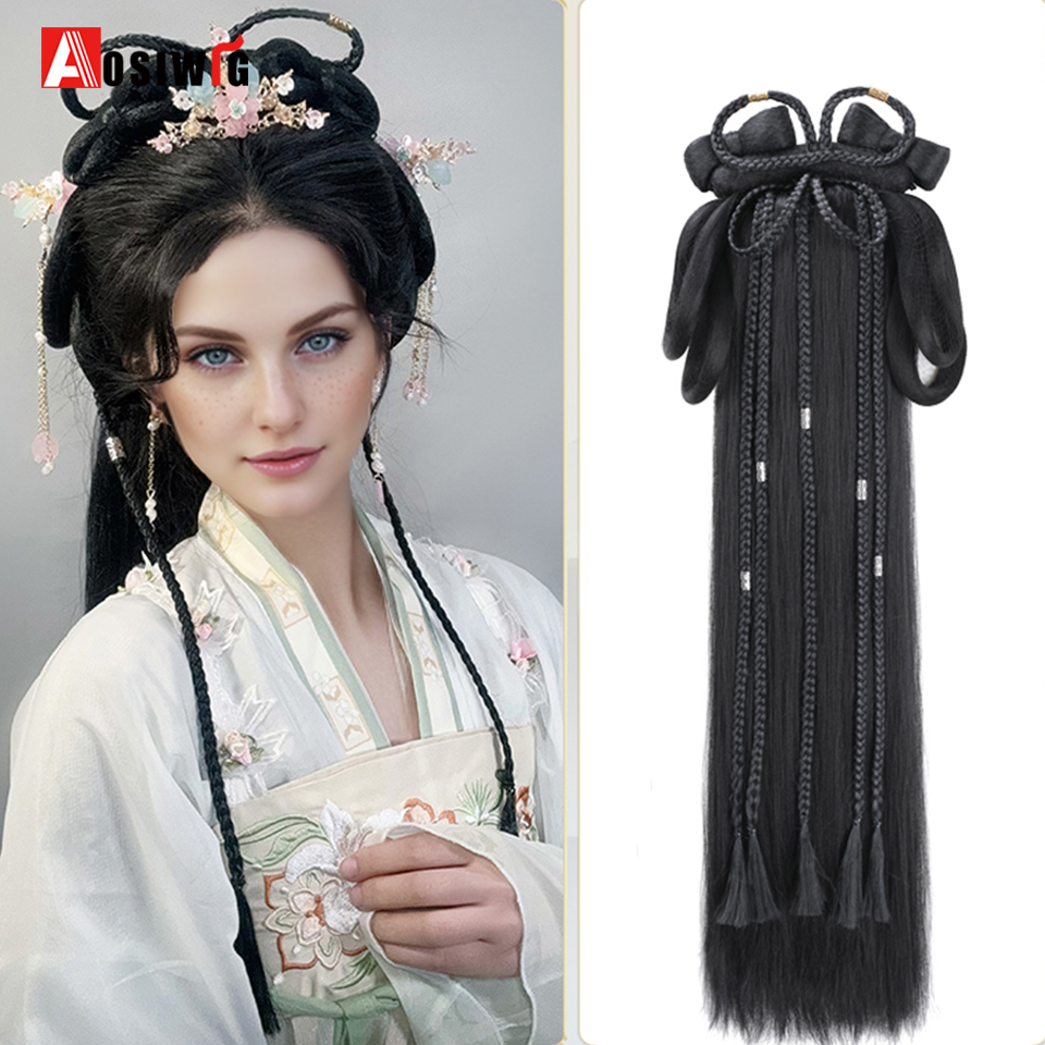 合成韓服古代スタイルヘッドバンド三つ編み統合ヘッドバンドウィッグ女性中国風のヘアピースアンティークモデリングコスプレハ