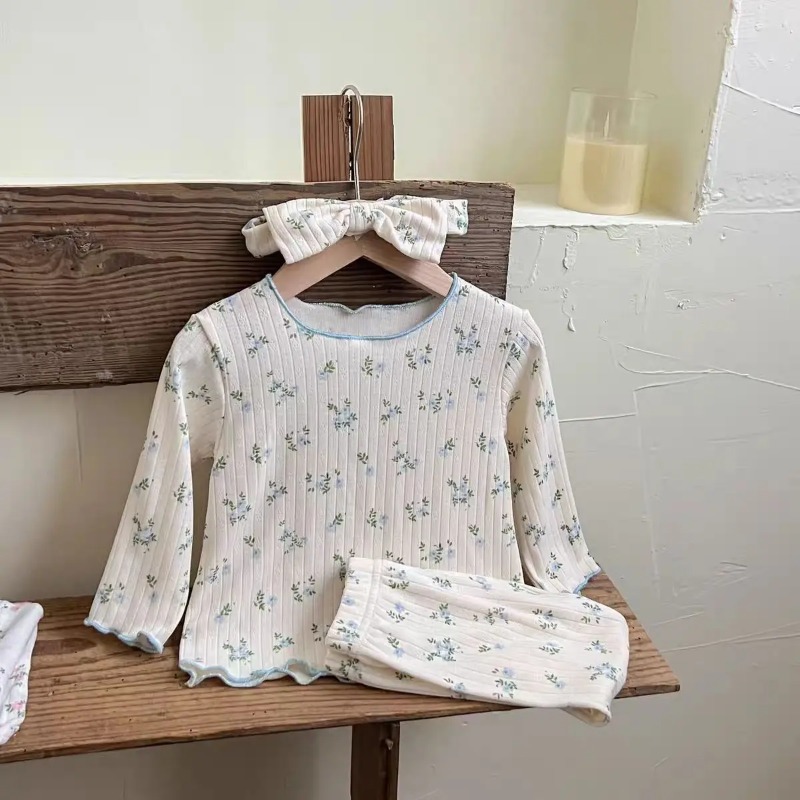 ‌ Nova chegada do bebê meninas floral impressão algodão conjunto de pijama manga longa rendas guarnição duas peças pijamas outono homewear infantil criança ‌