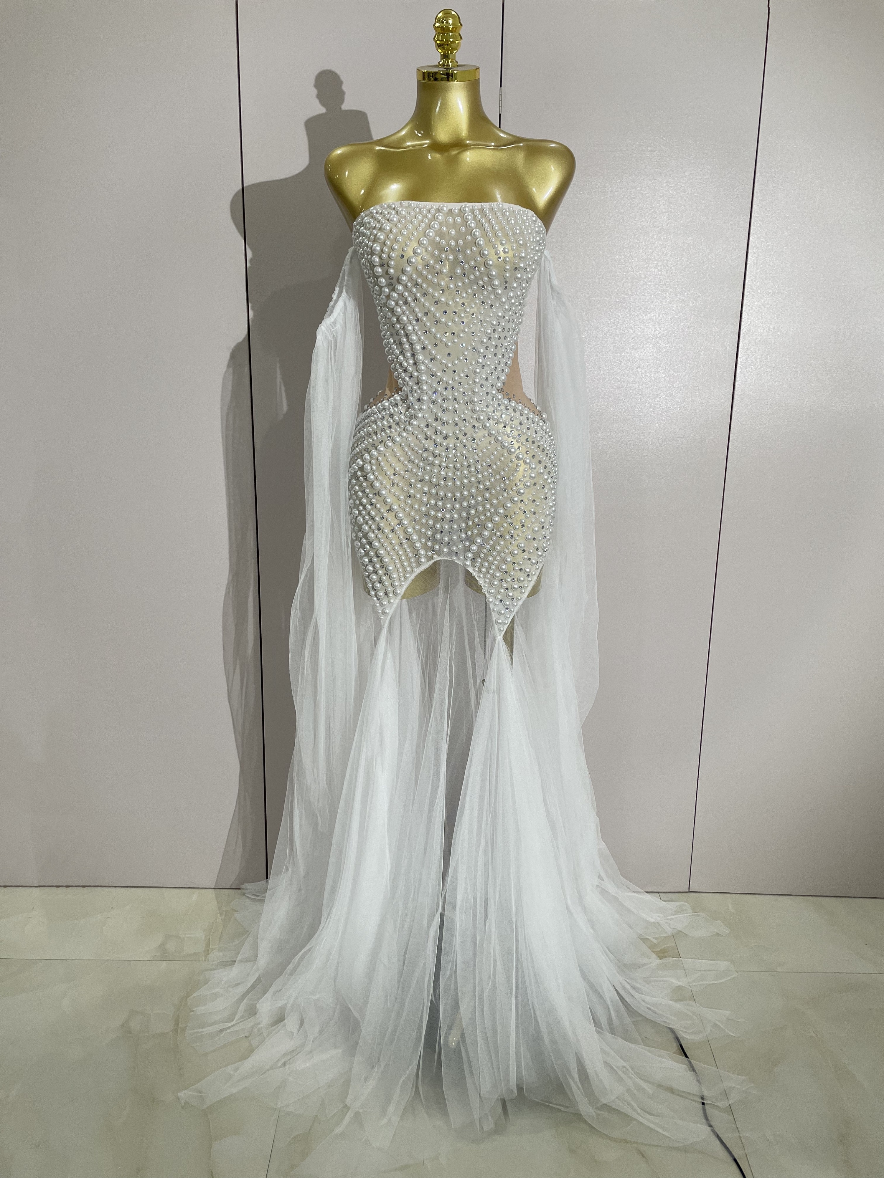 Elegante brilhante strass branco pérola sexy sem alças malha vestido longo vestidos de convidados de casamento luxo aniversário vestido de festa à noite