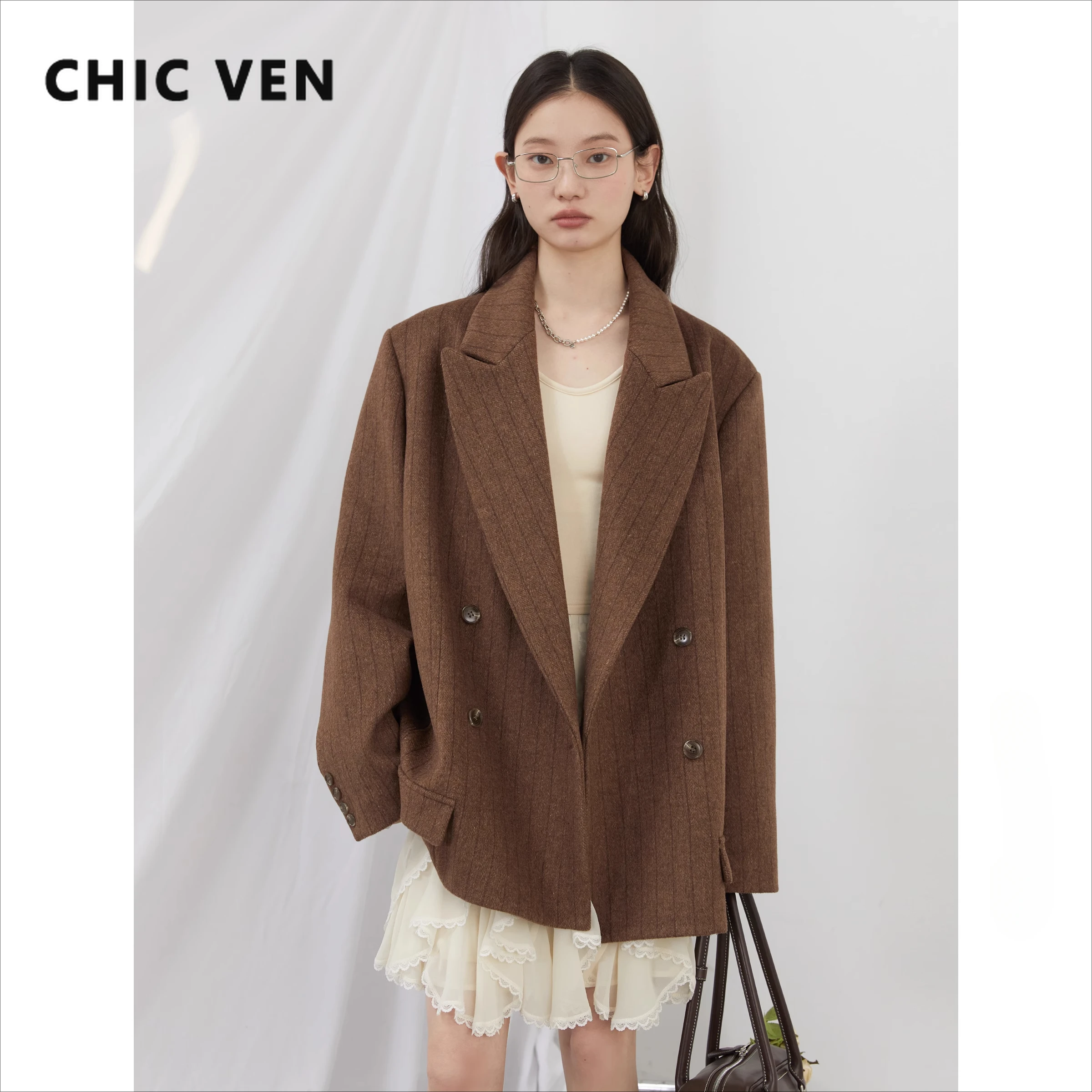 Chique ven feminino blazer de lã solto vintage com decote em v jaqueta feminina terno duplo breasted escritório senhoras casaco primavera outono 2025