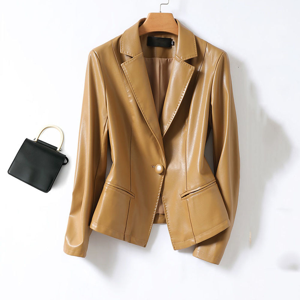 Blazer informal de oficina para mujer, chaqueta de traje de piel sintética, abrigo de piel de oveja sintética, abrigo ajustado con hebilla única, prendas de vestir exteriores para mujer, primavera y otoño
