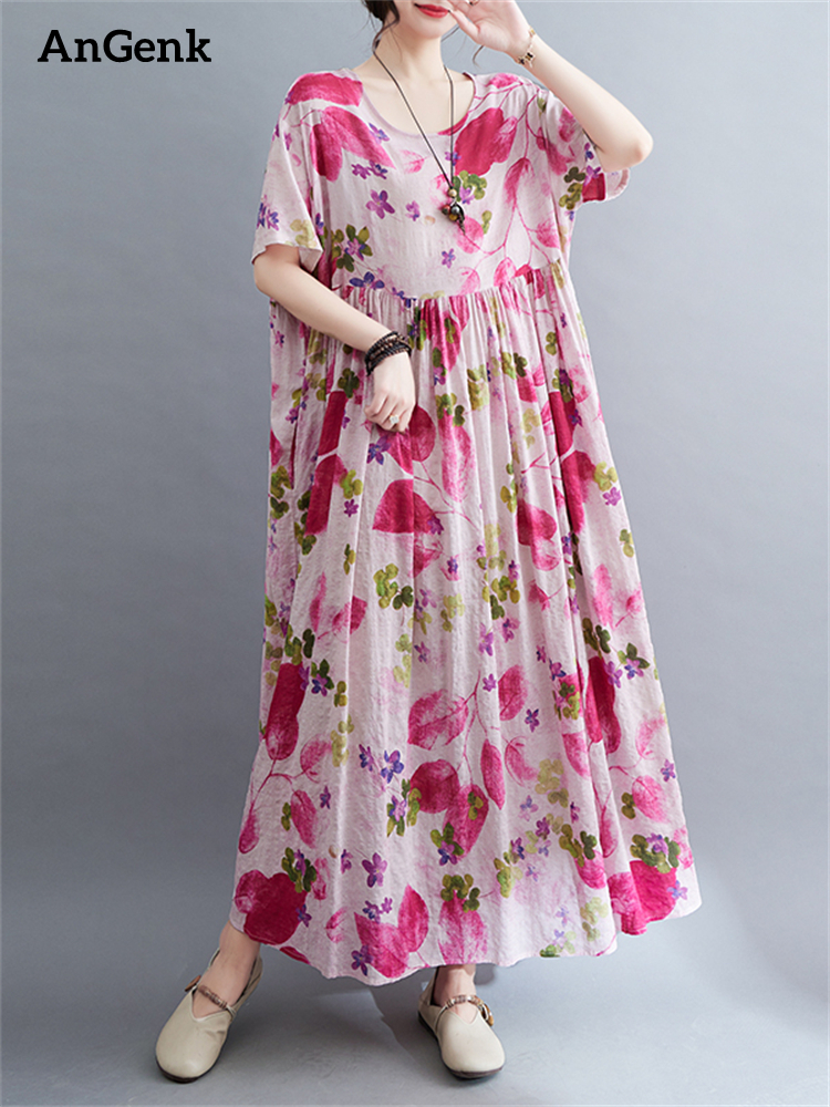 Vestidos de Algodón de Manga Corta con Estampado Floral Vintage para Mujer, Vestido Largo Informal Holgado de Verano 2026, Vestidos Elegantes para Mujer