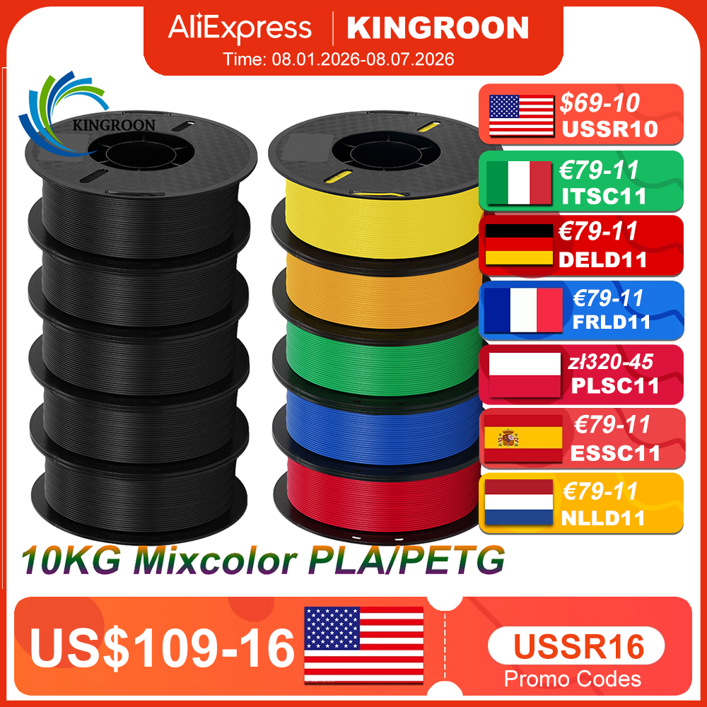 Kingroon 10kg pla filamento petg 3d filamento 1.75mm para impressora 3d pacote de filamento cores misturadas material de impressão fdm navio rápido