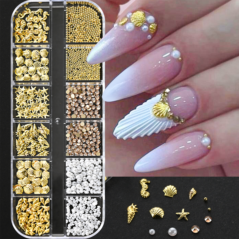 12 rejillas de dijes para decoración de uñas de oro y océano, concha/caballito de mar/estrella de mar, gemas de perlas semicirculares blancas, tachuelas de remaches de Metal para manicura Punk mixta 3D