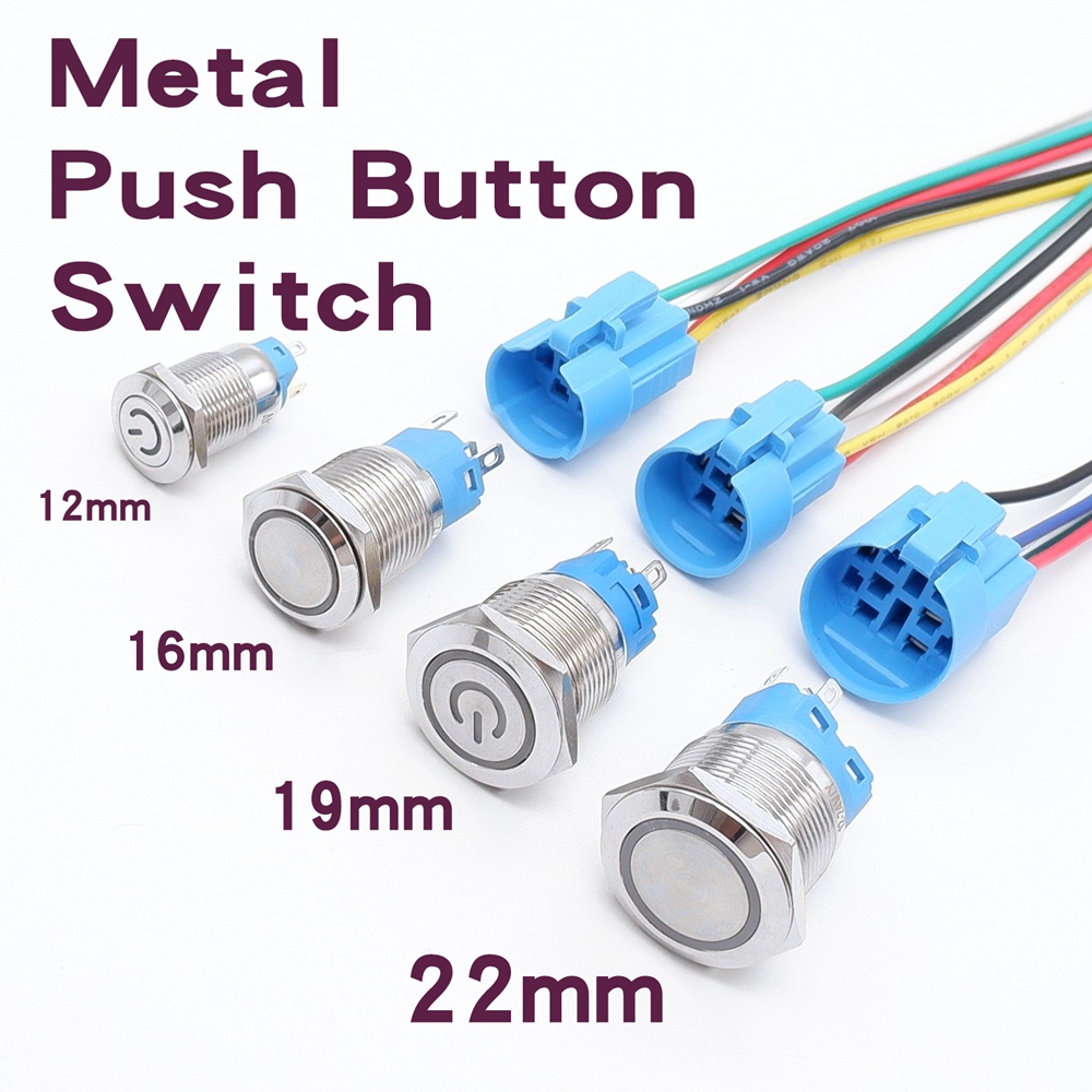 12mm 16mm 19mm 22mm interruptor de botón de Metal cabeza plana 1NO1NC arranque parada luz LED rojo naranja azul verde blanco 3v 12v 24v 110v
