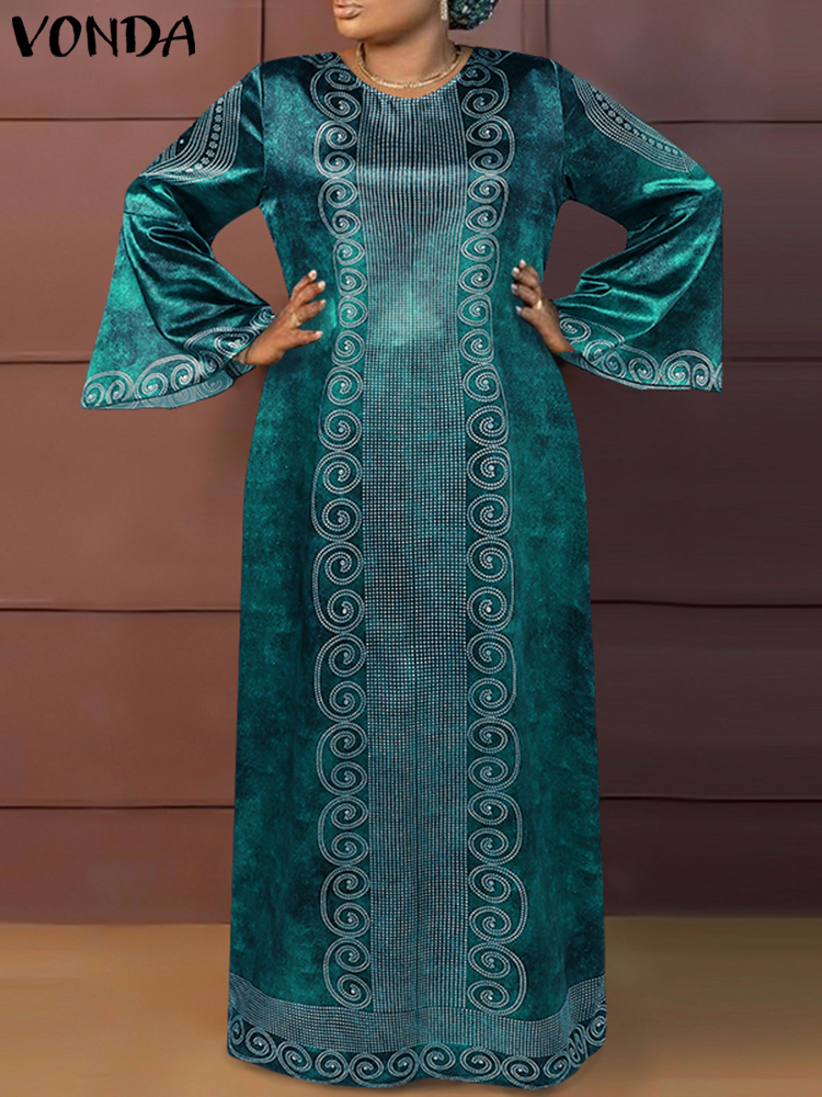 VONDA-Vestido largo Vintage de talla grande para mujer, Vestido veraniego con estampado bohemio, elegante, acampanado, de manga larga, holgado, informal, 2024