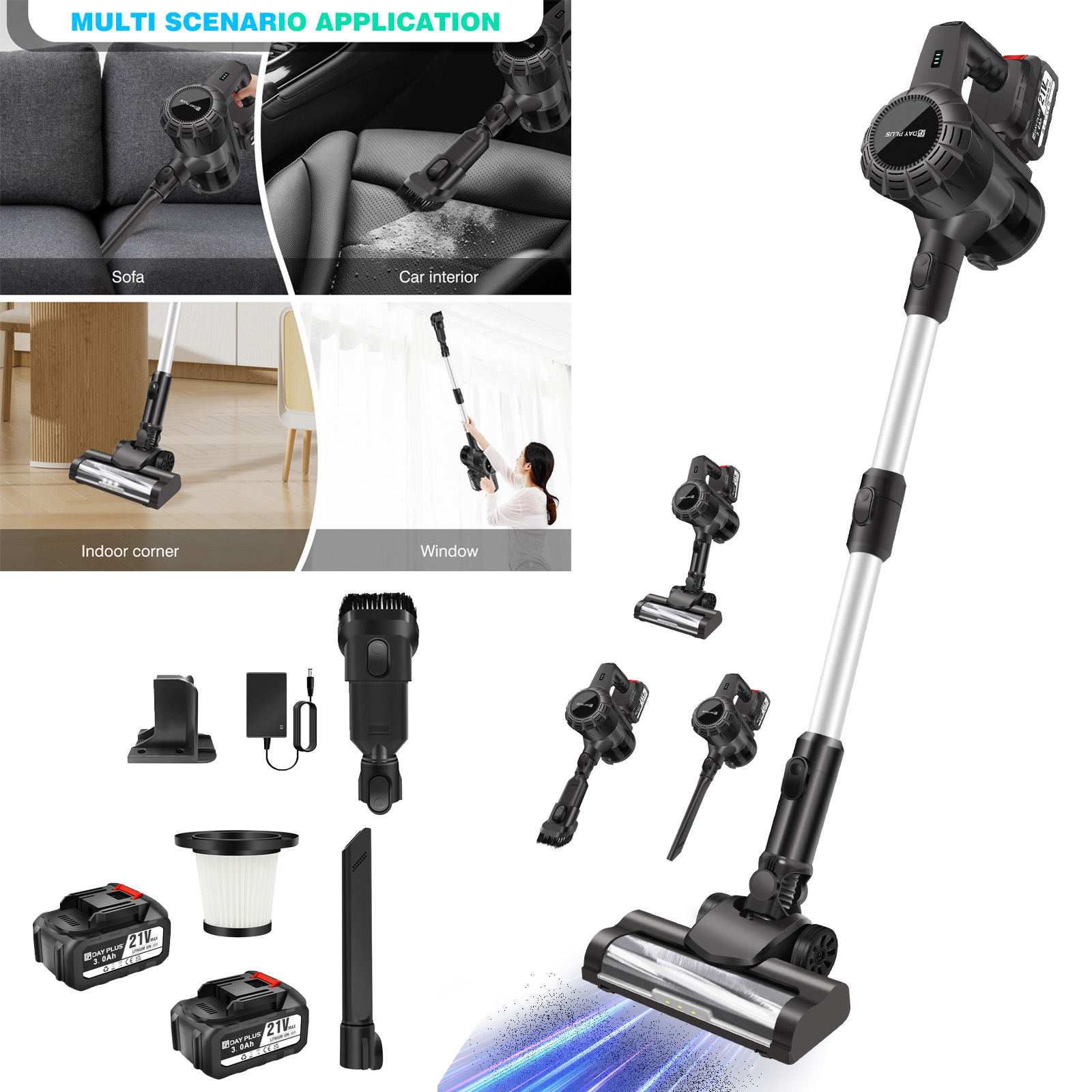 DayPlus 3 IN 1 Cordless Vacuum Cleaner 3800W Hoover Upright Lightweight Handheld Bagless Stick Vacuum Cleaner Brushless 30KPA