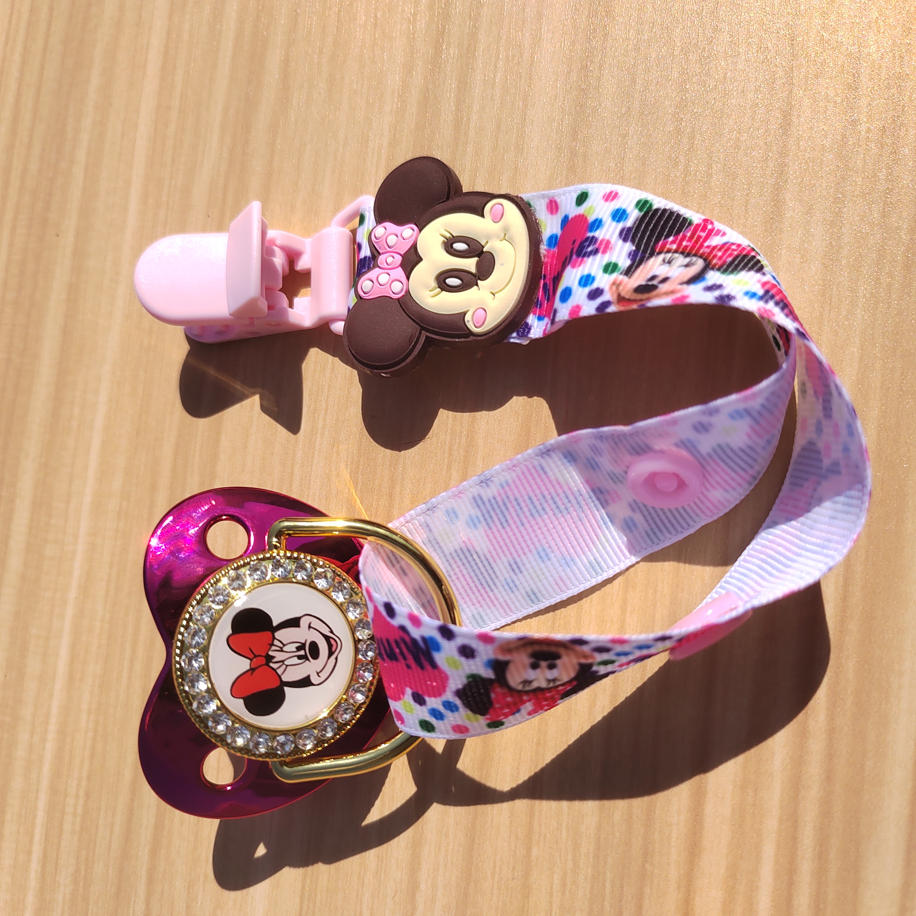 Disney minnie mouse dos desenhos animados chita tira clipe de luxo chupeta do bebê bpa livre bling chupeta falsa para meninos e meninas do bebê