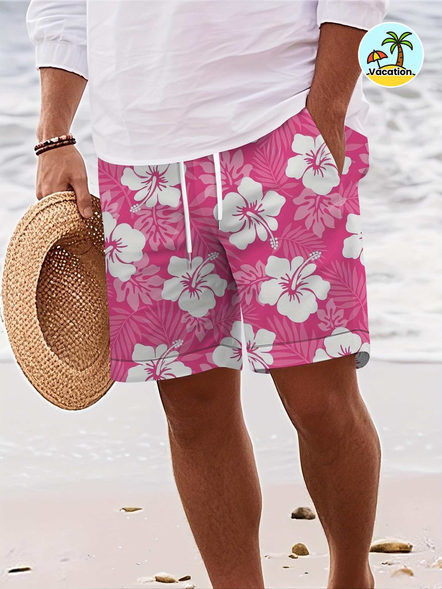 Shorts de Playa de Secado Rápido para Hombre, Color Rosa Intenso con Estampado Floral Tropical de Hibisco Blanco, Shorts Casuales con Cordón y Bolsillos