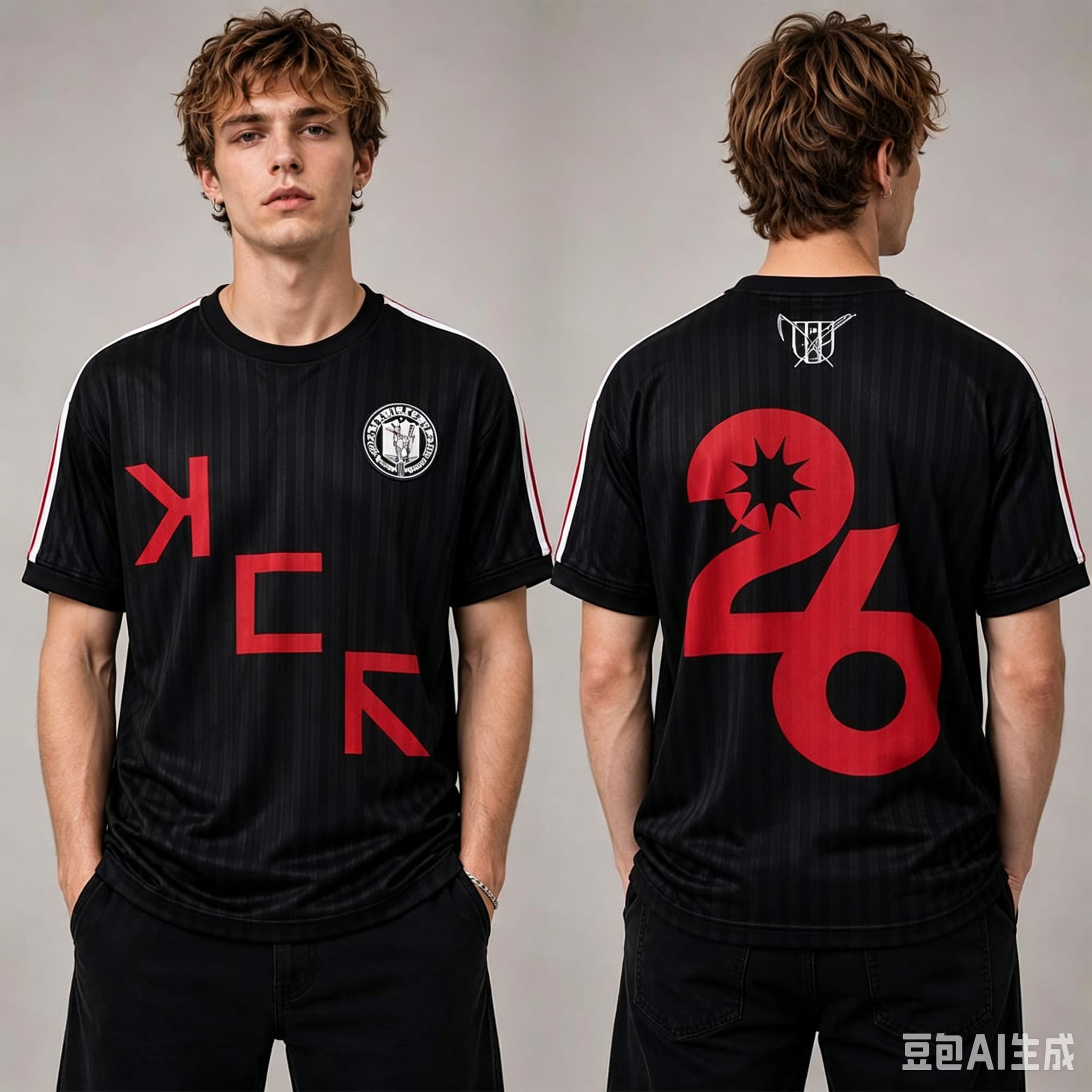 Heren zwart voetbalshirt met verticale strepen KCK Letter groot nummer 26 print korte mouw wit rode streep schouder streetwear