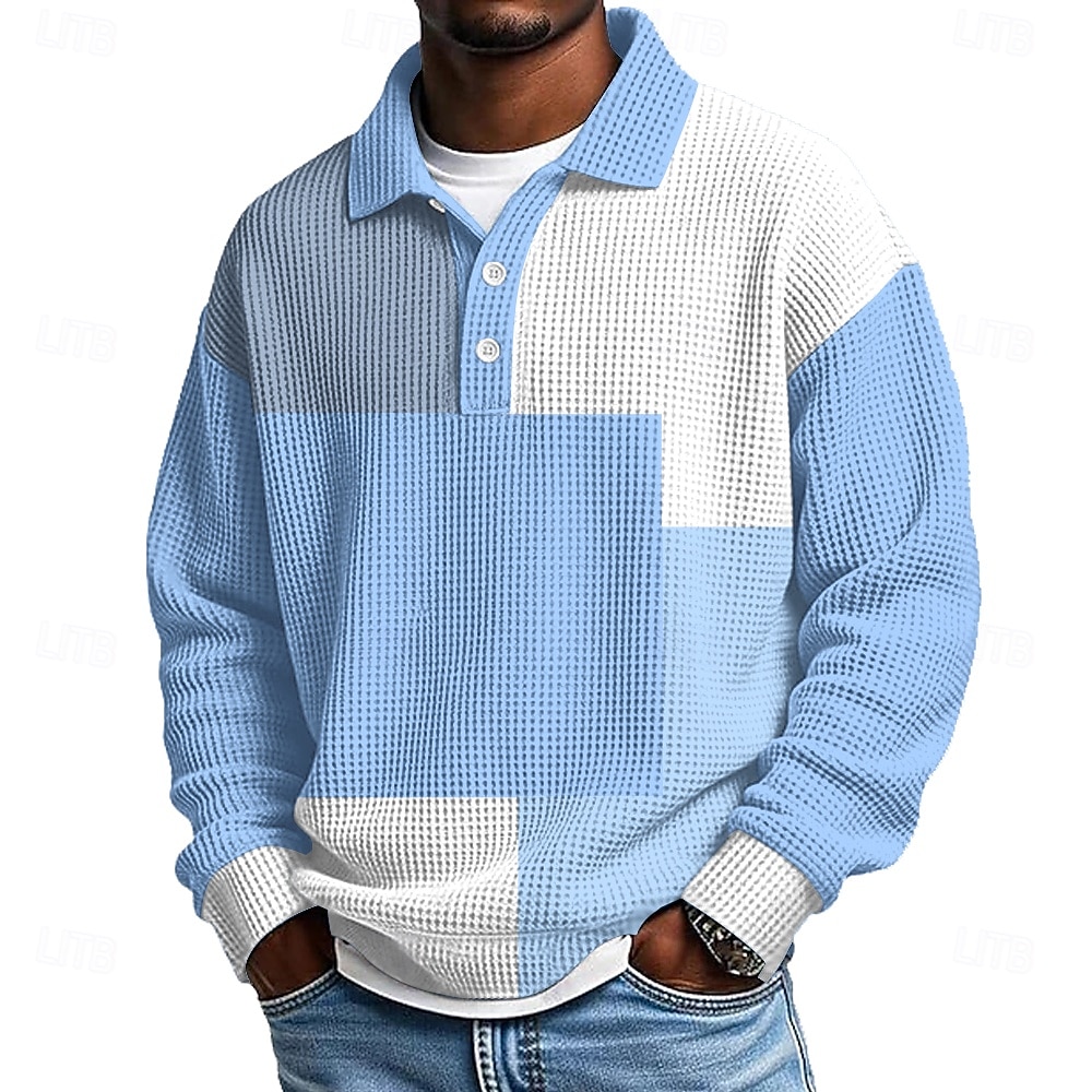 Retro poloshirt met lange mouwen voor heren – top met kleurblokken en omslagkraag voor casual ontmoetingsplekken, reizen en tijdloze mode-looks
