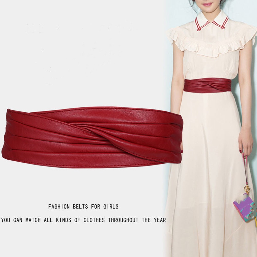 Traje de nuevo diseño exterior elegante decorado con cubierta de sellado, cinturón de cuero suave rojo, cinturón ancho de 7cm, cintura de cuero elástico para mujer