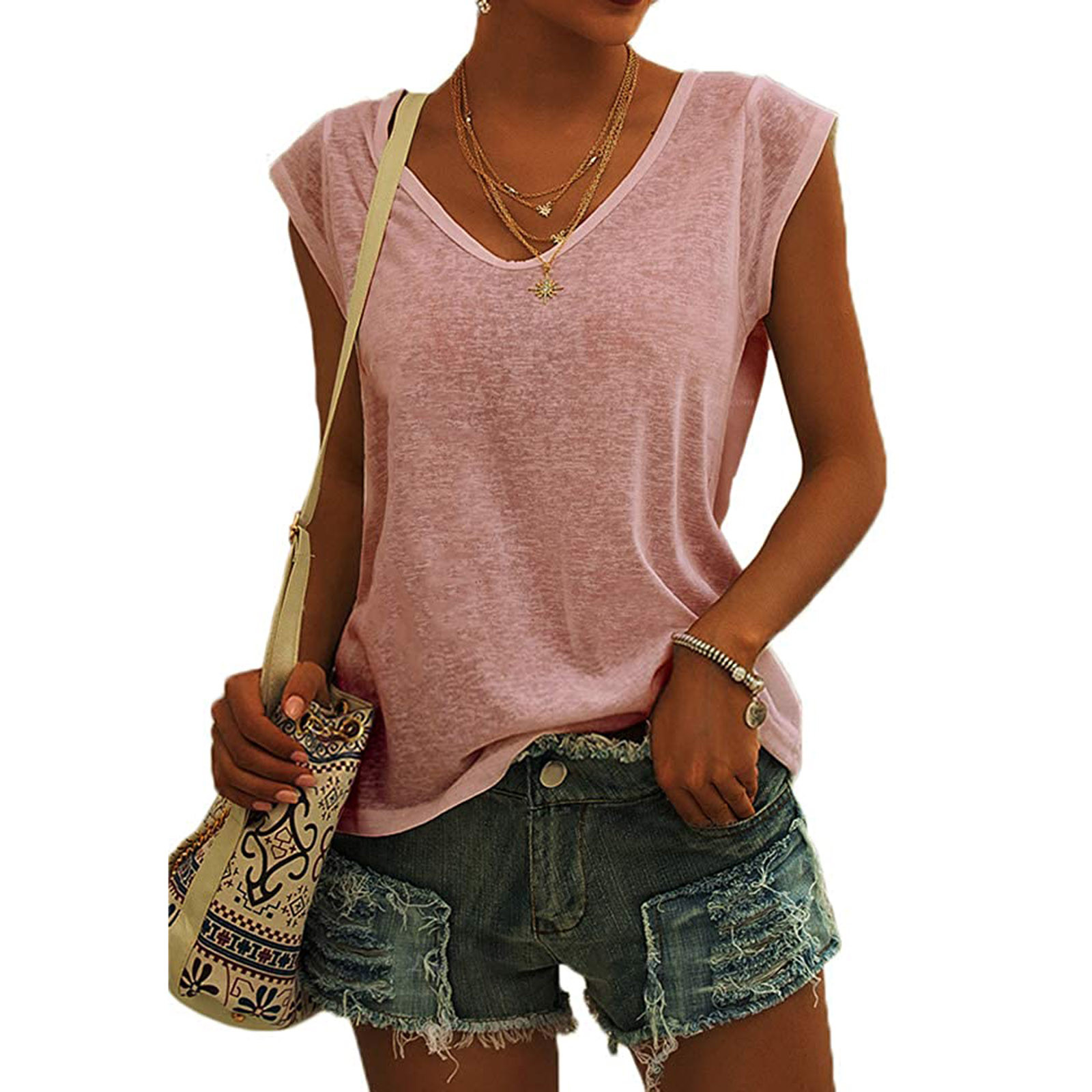 Camisola de algodão colorida feminina, colete com decote em v, camiseta cor sólida, colete casual sem mangas, blusa solta, colo justo, verão